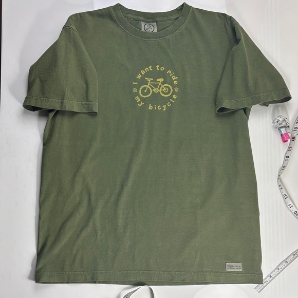 Life Is Good ‘ I want to ride my bicycle’ Olive Green Short Sleeve Tee - Picture 1 of 6